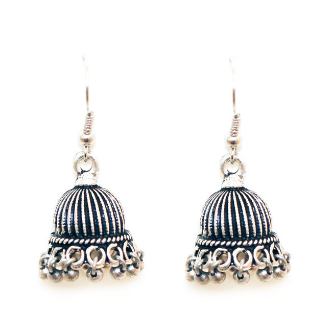 Boucles d'oreilles cloches jhumka laiton argenté et perles - Inde 011