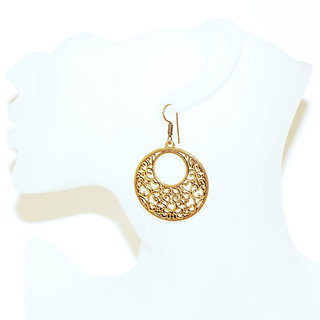 Bijoux Indiens Ethniques grandes boucles d'oreilles rondes pendantes en bronze doré or gravé filigranes dentelle perles - Inde 003 b