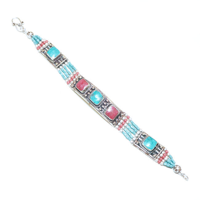 Bijoux Ethniques indiens bracelet multi-rangs turquoise corail laiton plaqué argent 925 et pierres perles népalais tibétain - Nepal 019 b