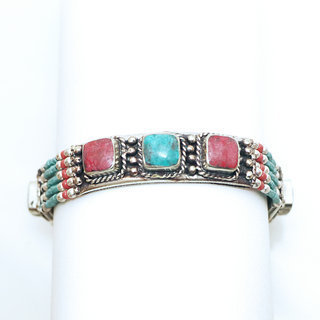 Bijoux Ethniques indiens bracelet multi-rangs turquoise corail laiton plaqu argent 925 et pierres perles npalais tibtain - Nepal 019