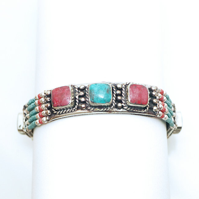 Bracelet multi-rangs argenté et pierres Turquoise et Corail - Népal 019