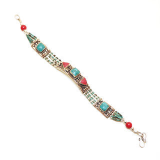 Bijoux Ethniques indiens bracelet multi-rangs turquoise corail laiton plaqu argent 925 et pierres perles npalais tibtain - Nepal 020 b