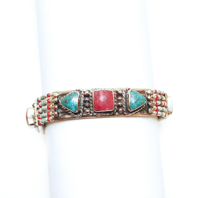 Bijoux Ethniques indiens bracelet multi-rangs turquoise corail laiton plaqué argent 925 et pierres perles népalais tibétain - Nepal 021