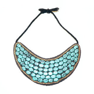 Bijoux Npalais Ethniques grand collier pierres turquoises et cordon noir - Npal 003