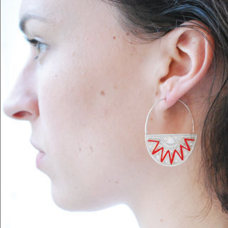 Bijoux Ethniques Touareg boucles d'oreilles en argent 925 massif croles brodes fil de coton Rouge corail Ombre Claire - Niger 002 c