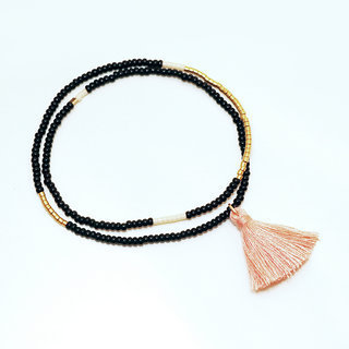 Bijoux Ethniques Africains massaï bracelet fin en perles de verre noir et rose pompon Sidai Designs réglable ajustable Tanzanie - 004 b