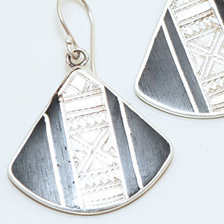 Bijoux ethniques touareg boucles d'oreilles en argent 925 pendantes ventail graves et bois bne - Niger 059 b