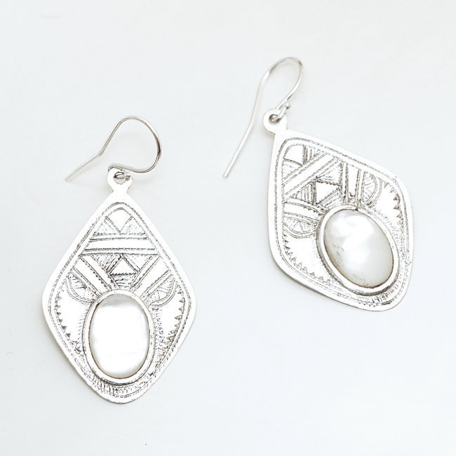 Boucles d'oreilles touareg losange en argent 925 et Nacre - Niger 008