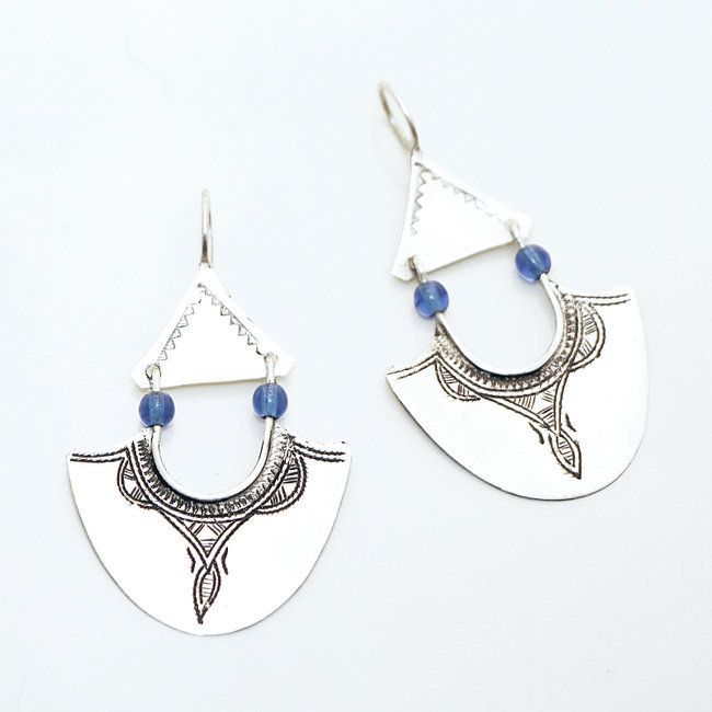 Boucles d'oreilles argent massif 925 touareg pendantes et perles bleues - Niger 047