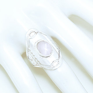 Bijoux ethniques touareg bague en argent 925 massif femme ovale navette longue grave et pierre fine Quartz rose - Niger 022 b