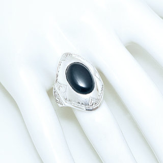 Bijoux touareg ethniques bague en argent 925 massif femme ovale navette longue grave et pierre fine Onyx noir fonc - Niger 023 b