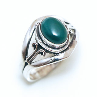 Bijoux ethniques Indiens bague en argent 925 fine femme filigranes pierre fine ovale Agate verte - Inde 062