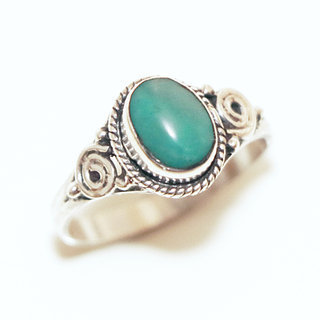 Bijoux ethniques Indiens bague en argent 925 femmes filigranes spirales et pierres semi-prcieuses fine ovale Turquoise naturelle vritable - Inde 063Sa