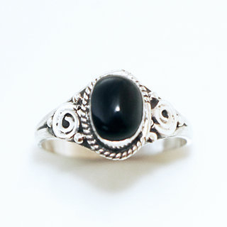 Bijoux ethniques Indiens bague en argent 925 femmes filigranes spirales et pierres semi-prcieuses fine ovale Onyx noir - Inde 063Sb