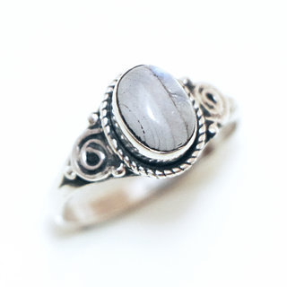 Bijoux ethniques Indiens bague en argent 925 femmes filigranes spirales et pierres semi-prcieuses fine ovale Pierre de Lune transparent - Inde 063Sa