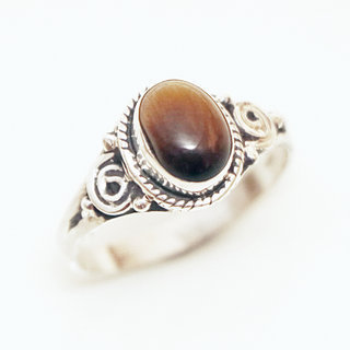 Bijoux ethniques Indiens bague en argent 925 femmes filigranes spirales et pierres semi-prcieuses fine ovale Oeil de Tigre marron - Inde 063S