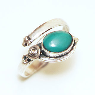 Bijoux ethniques Indiens bague en argent 925 fine rglable ajustable femme filigranes petites ovales et pierre fine Turquoise naturelle vritable - Inde 074