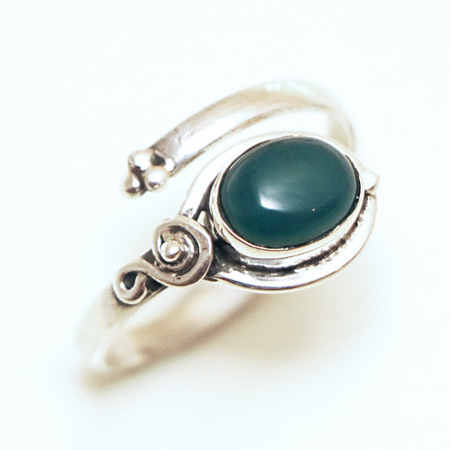 Bague filigranes réglable argent 925 et Agate verte - Inde 074