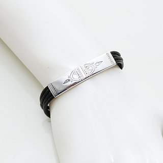 Bijoux ethniques touareg bracelet en argent lien cordon cuir médaillon gourmette rectangle gravés réglable homme femme - Niger 010 b