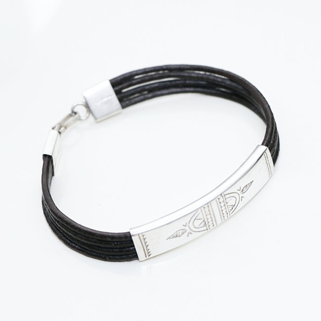 Bracelet touareg rectangle argent 925 cordon cuir brun - Niger 010