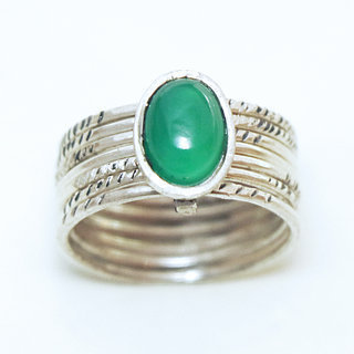 Bijoux ethniques touareg bague en argent 925 massif femme homme semainier grav multi plusieurs sept anneaux et pierre fine Agate verte - Niger 028 c