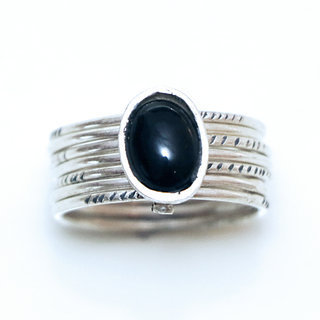 Bijoux ethniques touareg bague en argent 925 massif femme homme semainier grav multi plusieurs sept anneaux et pierre fine Onyx noir - Niger 028 c