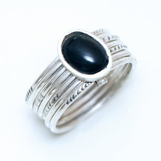 Bijoux ethniques touareg bague en argent 925 massif femme homme semainier grav multi plusieurs sept anneaux et pierre fine Onyx noir - Niger 028