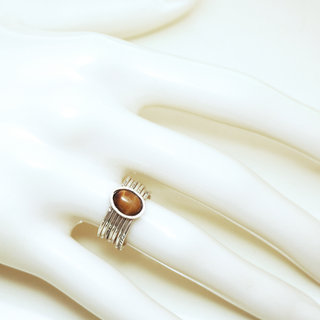 Bijoux ethniques touareg bague en argent 925 massif femme homme semainier grav multi plusieurs sept anneaux et pierre fine Oeil de Tigre marron - Niger 028 b