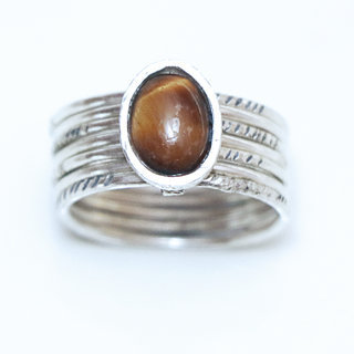 Bijoux ethniques touareg bague en argent 925 massif femme homme semainier grav multi plusieurs sept anneaux et pierre fine Oeil de Tigre marron - Niger 028 c