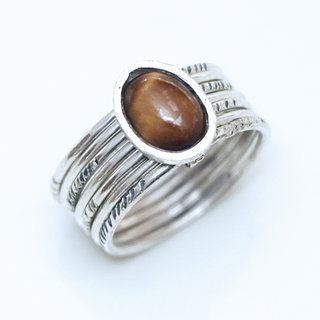 Bijoux ethniques touareg bague en argent 925 massif femme homme semainier grav multi plusieurs sept anneaux et pierre fine Oeil de Tigre marron - Niger 028