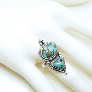 Bijoux ethniques indiens tibtains bague en argent 925 femme homme longue et pierre fine filigranes Turquoise npalais tibet - Npal 026 b