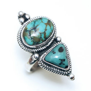 Bijoux ethniques indiens tibtains bague en argent 925 femme homme longue et pierre fine filigranes Turquoise npalais tibet - Npal 026