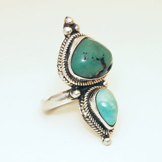 Bijoux ethniques indiens bague en argent 925 femme longue pierre fine filigranes Turquoise npalais - Npal 028 Tibet c