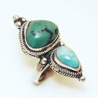 Bijoux ethniques indiens bague en argent 925 femme longue pierre fine filigranes Turquoise npalais - Npal 028 Tibet