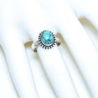 Bijoux ethniques Indiens bague en argent 925 femmes et pierre fine Turquoise naturelle vritable petite ovale filigranes - Inde 075Sb