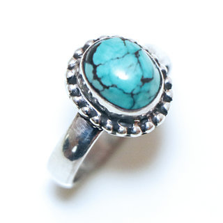 Bijoux ethniques Indiens bague en argent 925 femmes et pierre fine Turquoise naturelle vritable petite ovale filigranes - Inde 075Sa