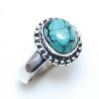 Bijoux ethniques Indiens bague en argent 925 femmes filigranes petite ronde et pierre fine Turquoise naturelle vritable - Inde 076