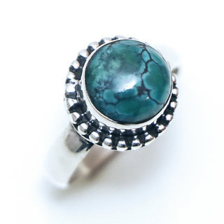 Bijoux ethniques Indiens bague en argent 925 femmes filigranes petite ronde et pierre fine Turquoise naturelle vritable - Inde 078