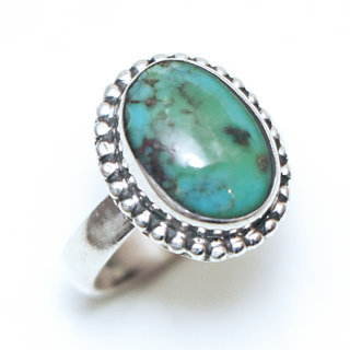 Bijoux ethniques Indiens bague en argent 925 femmes filigranes petite ovale et pierre fine Turquoise naturelle vritable - Inde 081