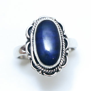 Bijoux ethniques Indiens bague en argent 925 femmes filigranes ovale et pierre fine Lapis-Lazuli bleu - Inde 088 c