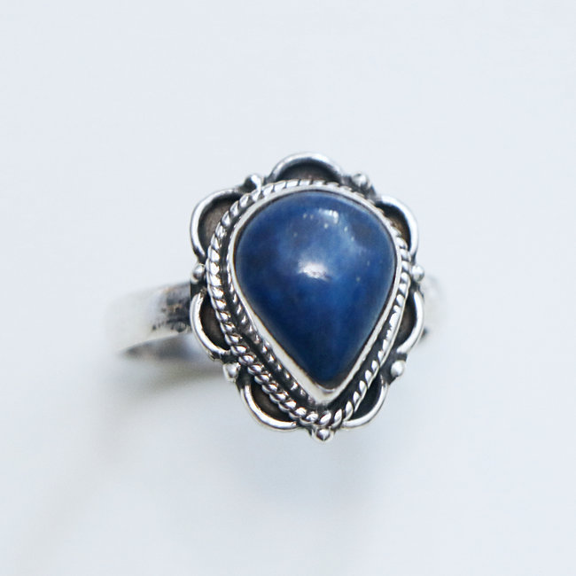 Bijoux ethniques Indiens bague en argent 925 femmes filigranes petite goutte et pierre fine Lapis-Lazuli bleu - Inde 090 c