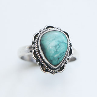 Bijoux ethniques Indiens bague en argent 925 femmes filigranes petite goutte et pierre fine Turquoise naturelle vritable - Inde 090 c