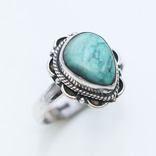 Bijoux ethniques Indiens bague en argent 925 femmes filigranes petite goutte et pierre fine Turquoise naturelle vritable - Inde 090