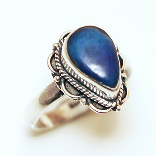 Bijoux ethniques Indiens bague en argent 925 femmes filigranes grande goutte et pierre fine Lapis-Lazuli - Inde 091