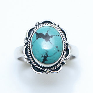 Bijoux ethniques Indiens bague en argent 925 femmes hommes filigranes ovale et pierre fine Turquoise naturelle vritable - Inde 092 c