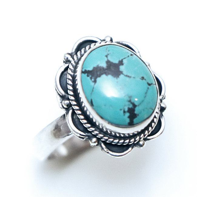 Bague filigranes ovale argent 925 et Turquoise naturelle - Inde 092