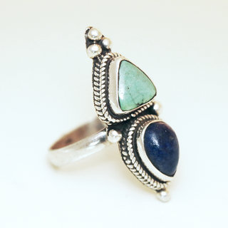 Bijoux ethniques indiens bague en argent 925 massif femme longue filigranes pierre fine Turquoise et Lapis-Lazuli Tibtaine - Npal 029 Tibet c