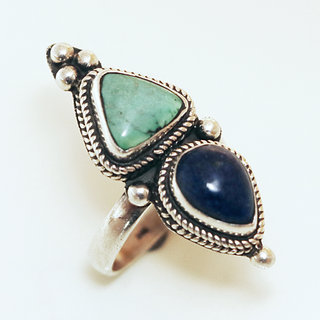 Bijoux ethniques indiens bague en argent 925 massif femme longue filigranes pierre fine Turquoise et Lapis-Lazuli Tibtaine - Npal 029 Tibet