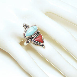 Bijoux ethniques indiens bague en argent 925 massif femme homme longue filigranes triangle ovale rectangle et pierre fine Turquoise et Corail rouge orange npalais - Npal 030 d