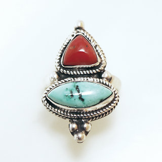 Bijoux ethniques indiens bague en argent 925 massif femme homme longue filigranes triangle ovale rectangle et pierre fine Turquoise et Corail rouge orange npalais - Npal 030 b